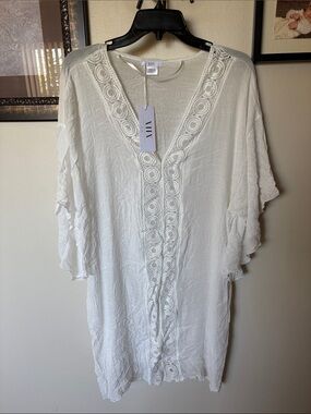 Xhilaration White Crochet-Front Beach Cover-Up